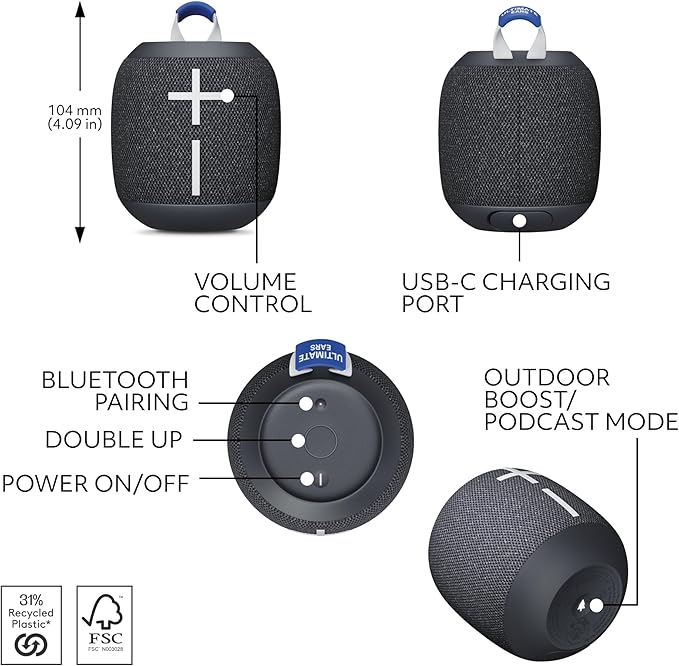 Ultimate Ears WONDERBOOM 4 Portable Waterproof Bluetooth Speaker with Big Bass and 360-Degree Sound, Dustproof Floating Speaker with 131ft (40m) Range- Black