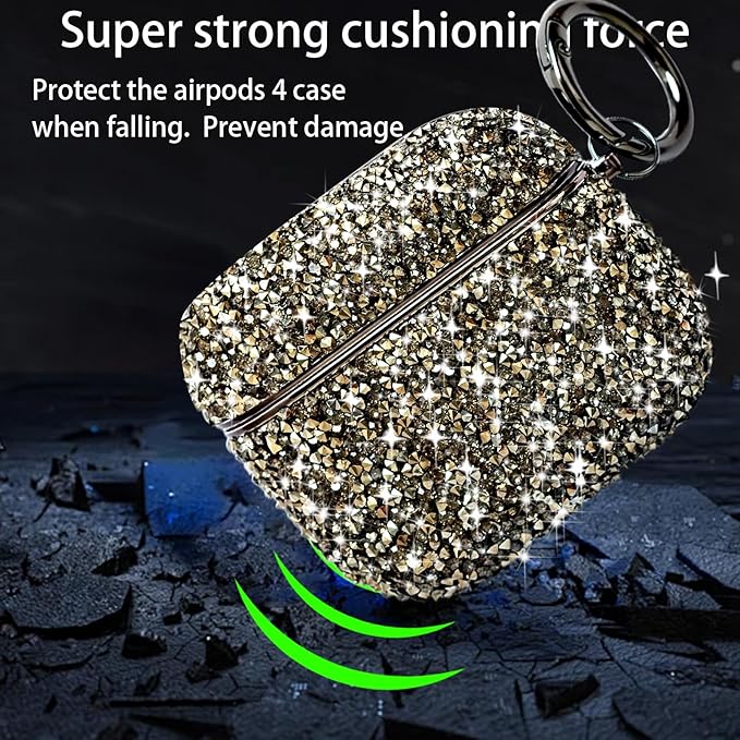 for Cute Glitter AirPods 4 Case for Women| Bling Hard Airpod iPods 4 Cases | with Keychain | Sparkly Rhinestone Air Pods 4 Generation Case for Women Girl- Model A3058/A3059(Black)