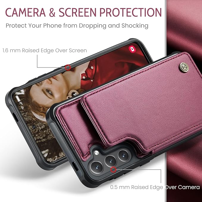 Bemal for Samsung Galaxy S25 Wallet Case with Card Holder, RFID Blocking, Shockproof Leather Kickstand for Men and Women, Durable Protective Phone Cover for 6.2", Wine Red
