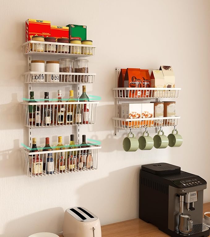 Over The Door Pantry Organizer, Pantry Organization and Storage, 6-Tier Deep Baskets Hanging Heavy-Duty Metal, Wall Spice Rack Seasoning Shelves for Home & Kitchen, Laundry Room Bathroom, White