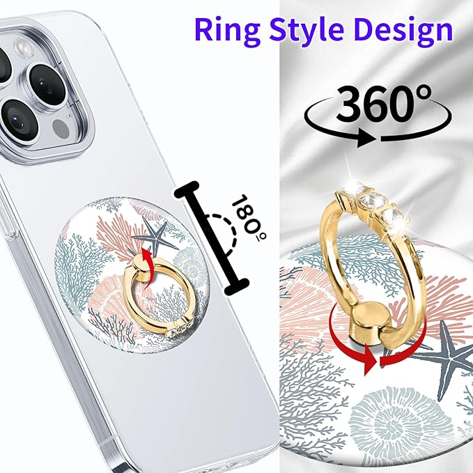 Magnetic Phone Ring Holder Compatible with MagSafe, Cute Phone Grip Stand with 360° Rotation Gold Glitter Finger Ring Kickstand Accessories for Most Phones Cute Seastar