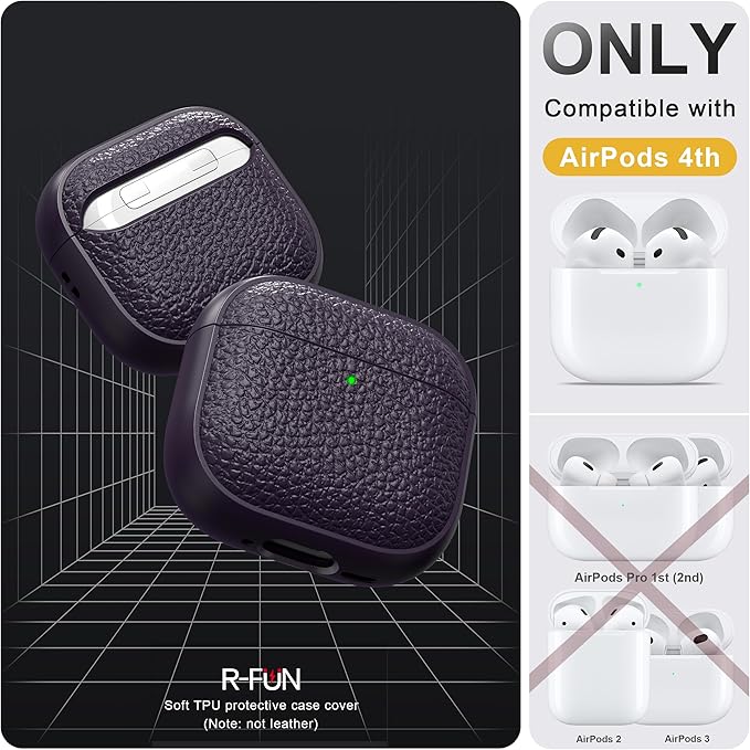 R-fun for Airpods 4 Case, Soft TPU (Leather-Like Design) Drop Protection Cover for Men and Women with Lanyard and Cleaner Kit, Compatible with Apple Latest Airpods 4th Gen(USB-C)(2024)-Purple