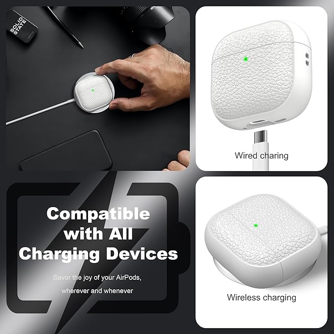 R-fun for Airpods 4 Case, Soft TPU (Leather-Like Design) Drop Protection Cover for Men and Women with Lanyard and Cleaner Kit, Compatible with Apple Latest Airpods 4th Gen(USB-C)(2024)-White