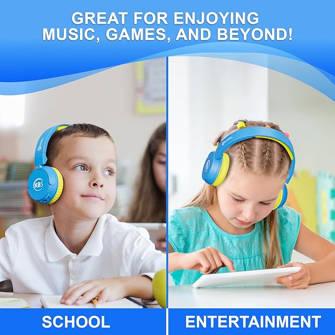Contixo KB-5 Kids Headphones - Over The Ear Foldable Bluetooth Wireless Headphone for Kids - 85dB with Volume Limited - Toddler Headphones for Boys and Girls (Blue + Yellow)