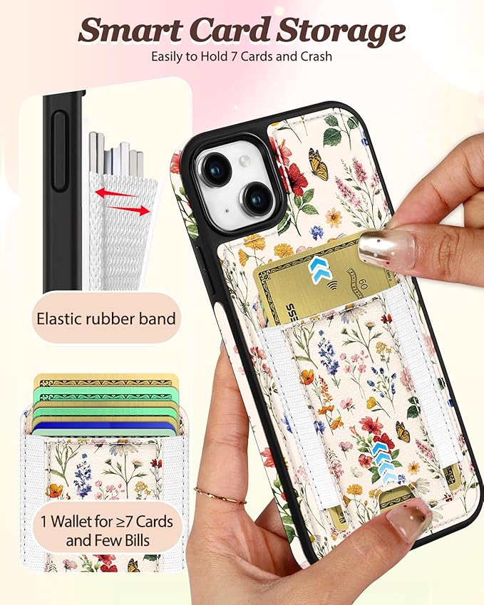 Shorogyt for iPhone 14 Wallet Case - Fits 5 Cards, Compatible with Magsafe Detachable Magnetic Credit Card Holder Leather Cardholder Cute Phone Cover Women Girls for Apple 14, Floral