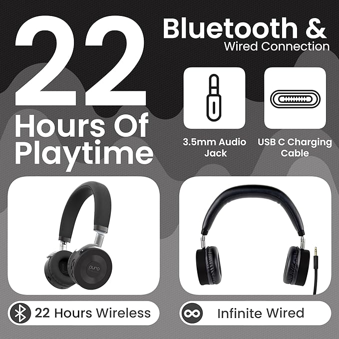 Puro Sound Labs JuniorJam Plus Volume-Limiting Wireless Bluetooth Headphones for Kids, Secure Audio with Adjustable On-Ear Design, 22-Hour Battery Life, Ideal for Tablets, Smartphones & PCs - Black