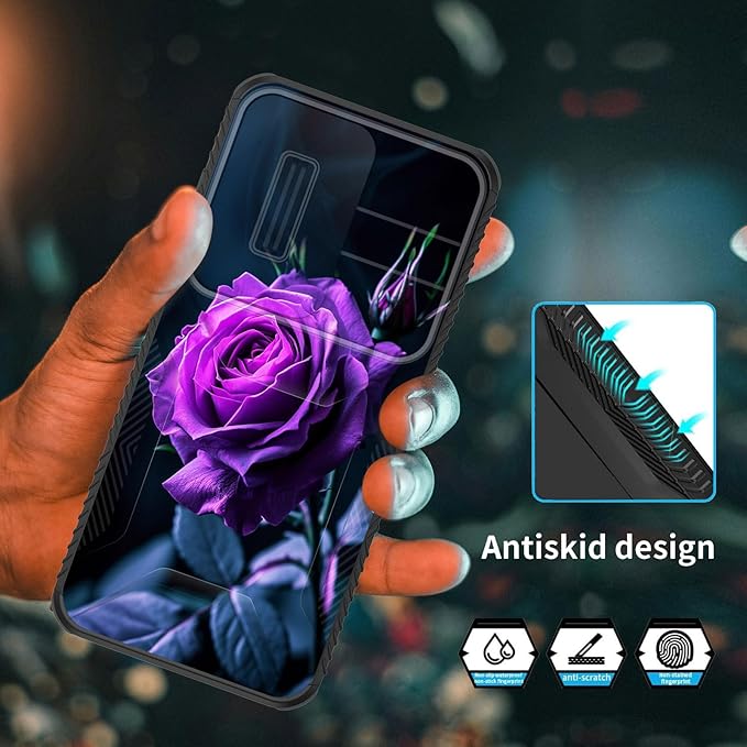 for Galaxy S26 Case Built in Slide Camera Lens Cover,Heavy Duty Shockproof Protection Dual Layer Case for Samsung Galaxy S26 6.3" 2026,Purple Flower Rose