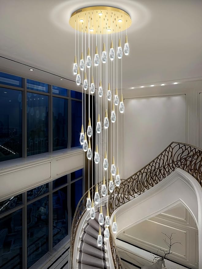 H 177" Moderm Extra Large Chandelier 36-Lights Foyer Chandelier for High Ceiling Crystal Pendant Light Fixture Raindrop Chandeliers for Staircase Villa Living Room (Gold
