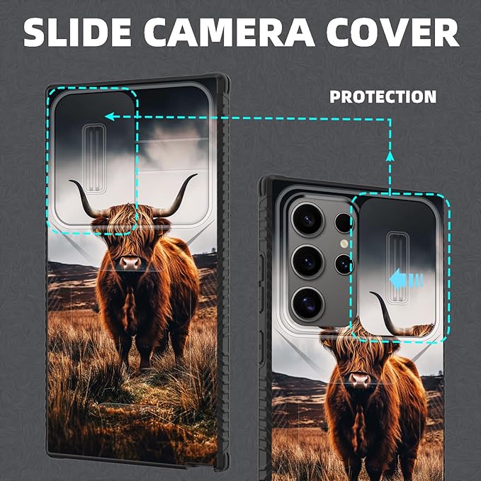 for Galaxy S26 Ultra Case Built in Slide Camera Lens Cover,Heavy Duty Shockproof Protection Dual Layer Case for Samsung Galaxy S26 Ultra 6.9" 2026,Brown Highland Cow