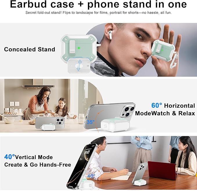 RFUNGUANGO Compatible with Airpods Pro Case 2nd / 1st Generation Protective Case, Compatible with MagSafe, with Cleaning Kit & Keychain,Phone Stand,Magnetic Automatic Lock, Visible LED, Mint Green