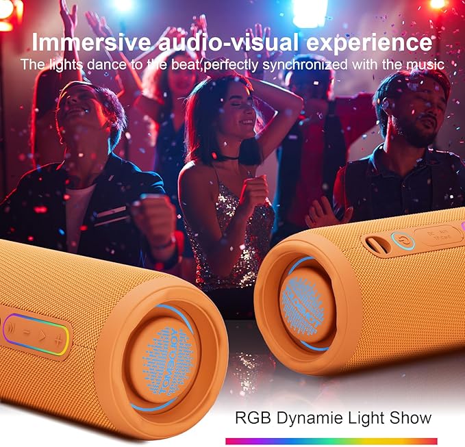 Shower Bluetooth Speaker, IPX7 Waterproof, 24W Deep Bass, TWS Stereo Pairing, 12H Playtime, Outdoor Speaker for Travel, Sport, Party, Camping (Orange)