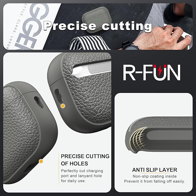 R-fun for AirPods Pro 3 Case 2025, Soft TPU (Leather-Like Design) Drop Protection Cover for Men and Women with Lanyard and Cleaner Kit, Compatible with Apple AirPods Pro 3rd Generation-Grey
