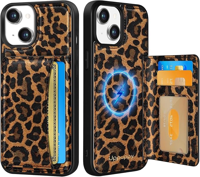 for iPhone 14 Plus Case with Wallet - Fits 4 Card Slots, Compatible with MagSafe for Women Aesthetic Durable PU Leather Credit Card Holder Kickstand Phone Cover for Apple 14 Plus, Leopard