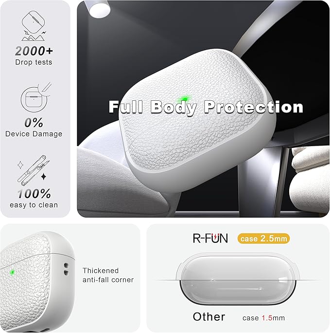 R-fun for Airpods 4 Case, Soft TPU (Leather-Like Design) Drop Protection Cover for Men and Women with Lanyard and Cleaner Kit, Compatible with Apple Latest Airpods 4th Gen(USB-C)(2024)-White