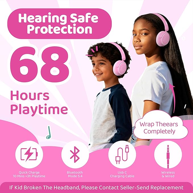 MIDOLA Kids Headphones Bluetooth 5.4 Wireless Volume Limited 85/94dB Hearing Protection Over Ear,68 Hours Playtime Foldable with Cable Aux Wired Built-in Mic for Toddler Child Travel School Pink