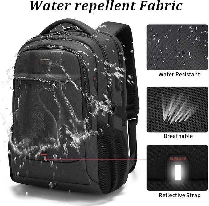 DUSLANG 17 Inch Laptop Backpack for Travel Water Resistant College Backpack for Men Women Laptop Bag with USB Charging Port Key Hanging Ornament Christmas Decorative,Black