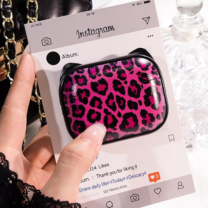 for AirPods Pro 2 Case with Cleaning Kit, Cute Cat Ear Print Design & Cute Buckle for Girls, Phone Holder & Top Safe Lock Buckle Design for AirPods Pro 2nd/1st Gen case, Rose Leopard