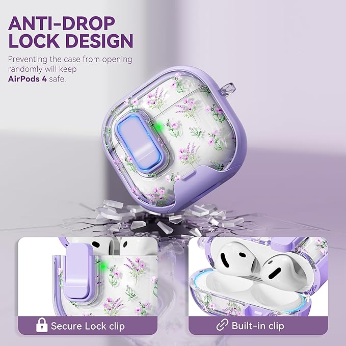 with Safety Lock for Apple AirPods 4 Case,Clear Floral Cute AirPod 4th Generation Case with Phone Stand & Cleaning Kit for Women Girly-Purple Narcissus