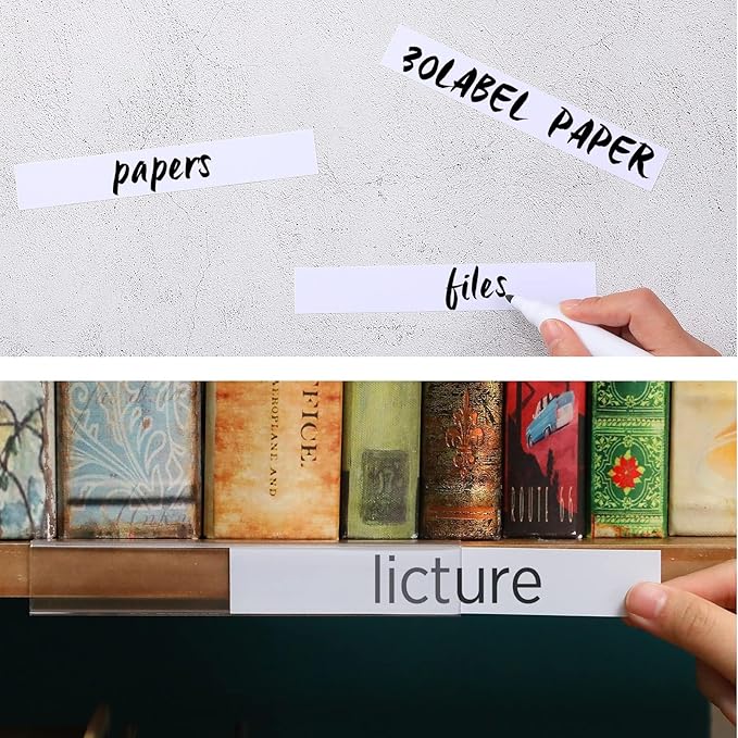 Teling 100 Pieces Shelf Label Holder, Clear Plastic 0.875'' x 6'' Shelves Clip Wood Tags Ticket Sign Label Metal Holders for 0.75'' Thick Shelves Includes Matched Blank Inserts Offices Libraries
