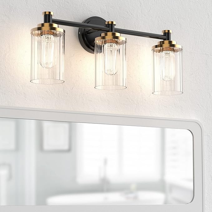 Bathroom Lighting Fixtures Black and Gold Bathroom Vanity Light with Cylindrical Clear Stripes Glass Lampshade E26 Socket Base Bathroom Lighting Fixtures Over Mirror (3 Lights)