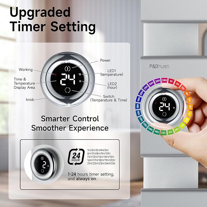 P&Bhusri Electric Heated Towel Rack, Silver Towel Warmer with Adjustable Temperature (98–149°F) and Timer (1-24h, On), Fast Heating and Drying for Bathroom, Memory & Remote Control Compatible