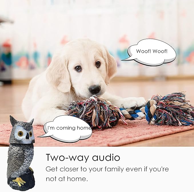 Indoor Camera Owl, Home Security Camera Owl with Rotatable Head, Night Vision, 2-Way Audio, Works with Phone, Decoration for Home