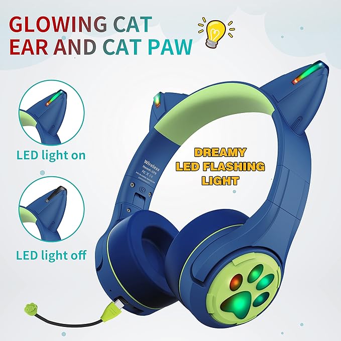 Riwbox CF9 Cat Ear Kids Bluetooth Headphones with LED Light Up,Safe 85dB Volume Limit,Built-in Mic&Boom Mic for Calls,Kids Wireless&Wired Headphones for Tablet/Airplane/School/Online Learning(Blue)