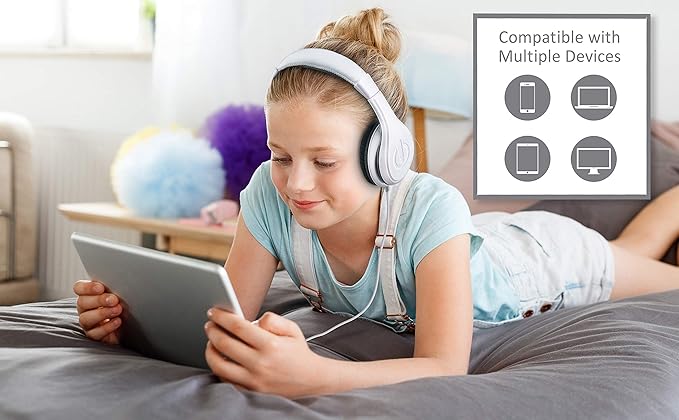eKids Kids Headphones, Stereo Sound, 3.5mm Jack Cord, Wired Headphones for Kids, Tangle-Free, Volume Control, Childrens Earphones Over Ear for Travel White