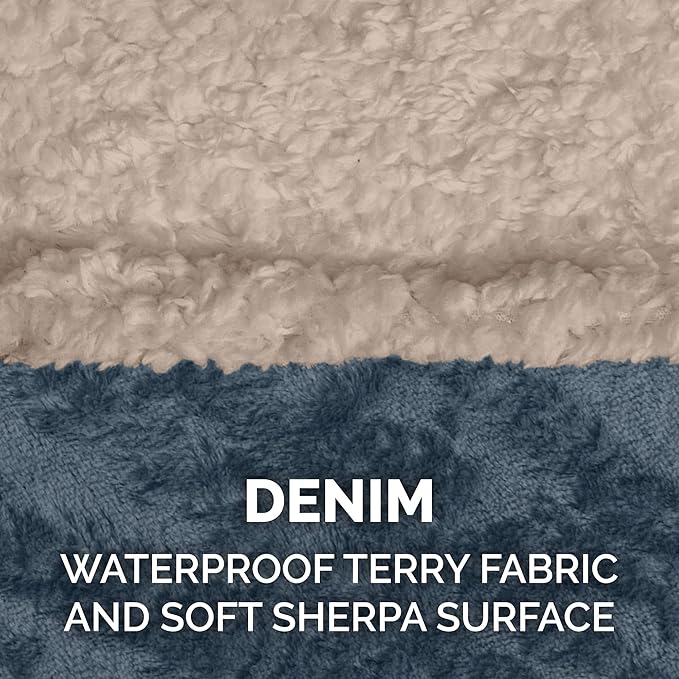 Furhaven Waterproof & Self-Warming Throw Blanket for Dogs & Indoor Cats, Washable & Reflects Body Heat - Soft-Edged Terry & Sherpa Dog Blanket - Cozy Denim, Large