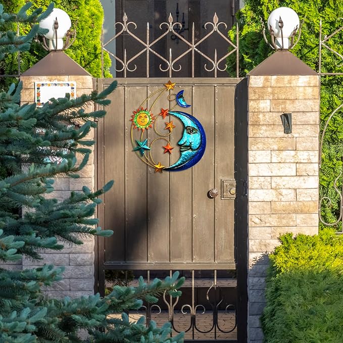 Metal Sun Outdoor Wall Art Decor, Large Size 17'' Sun Face Metal Wall Sculpture with Moon & Stars for Home Wall Decoration Living Room, Bedroom, Outside Decor for Yard, Patio, Garden Fence Deck Pool