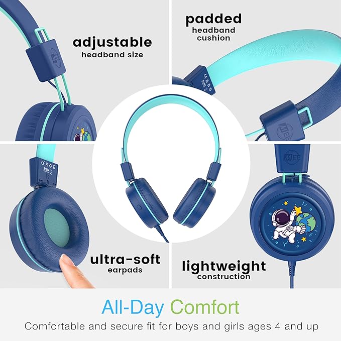 MEE audio KidJamz KJ55 Wired Children’s Headphones with 3.5mm Plug, Colorful Graphics, Volume Limiter & Microphone, Adjustable On-Ear Kids Headset for Online Learning/School/Travel/Tablet (Blue)