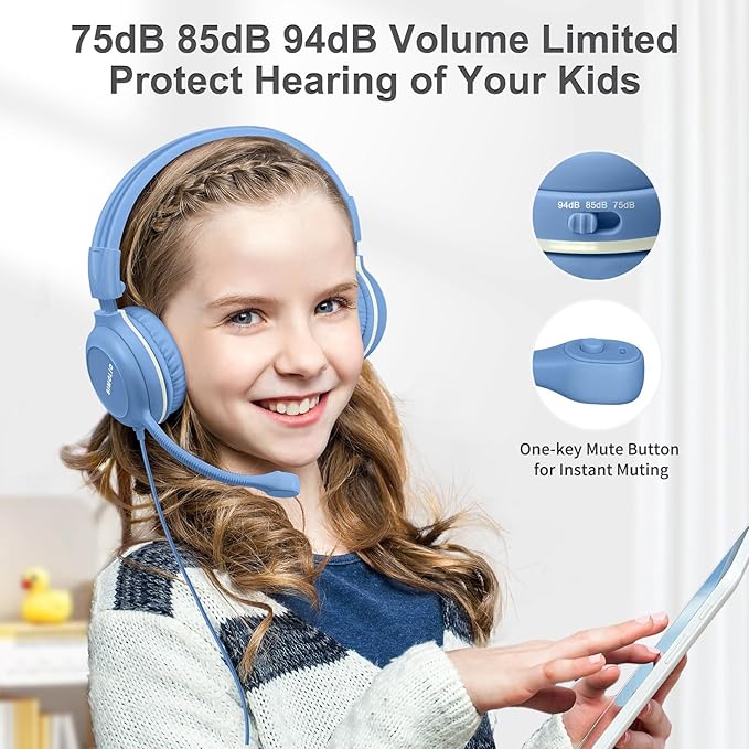 SIMOLIO Kids Headphones Wired with Flexible Rotatable Microphone for Virtual School & Gaming, Safe Volume Cord Headphone for Boys, Teens, Children, Durable Lightweight Folding Headset for PC, Xbox