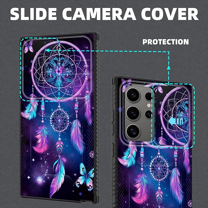 for Galaxy S25 Ultra Case Built in Slide Camera Lens Cover,Heavy Duty Shockproof Protection Dual Layer Case for Samsung Galaxy S25 Ultra 6.9" 2025,Butterfly Dream Catcher