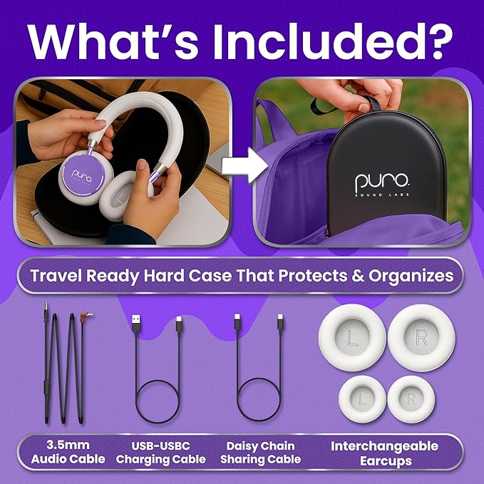 Puro Sound Labs BT2200 Plus Volume Limited Headphones for Kids, Bluetooth, Studio-Grade Audio, Over-Ear & Comfy Design, 20-Hr Battery Life, Easy to Connect Wireless Headphones for Kids, Purple & Teal