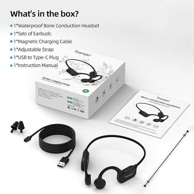Tayogo 32GB Waterproof MP3 Player for Swimming Laps | IPX8 Bone Conduction Swimming Headphones | Open-Ear Underwater Headset with 8-Hour Playtime