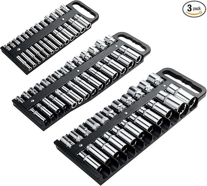 Magnetic Socket Organizer Set, 3 Pcs Black Portable Heavy Duty Socket Rail Set: 1/4-Inch x 22 Pallets, 3/8-Inch x 28 Pallets, 1/2-Inch x 26 Pallets, Hold 76 Sockets - Fit Shallow&Deep Sockets