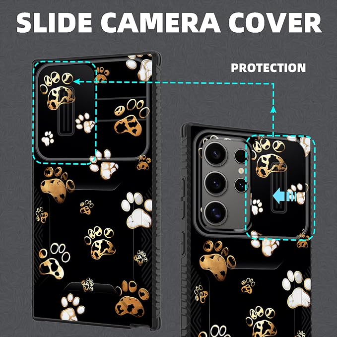 for Galaxy S25 Ultra Case Built in Slide Camera Lens Cover,Heavy Duty Shockproof Protection Dual Layer Case for Samsung Galaxy S25 Ultra 6.9" 2025,Cute Dog Paw Prints