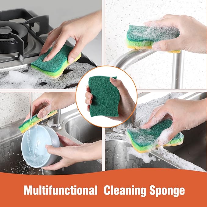 Kitchen Cleaning Tool Set - 3-Pack Dish Scrub Brush Kit with 10PCS Non-Scratch Scrub Sponges, Bottle Brush & Pot Scrubber, Safe for Cookware, Bathroom & Nonstick Surfaces