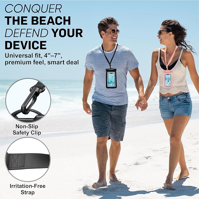 Waterproof Phone Pouch [2-Pack] – 100% IPX8 Dry Bag with Secure Lock, Touchscreen Access & Lanyard – Fits iPhone 15/14/13 Pro Max, Galaxy & More – Black & Pink – Up to 7” – Swim/Beach/Travel