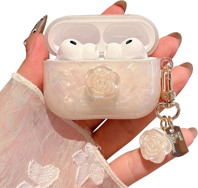 for AirPod Pro 3 Case 2025 Cute Glitter Shell Pearl TPU Protective Cover with Flower Keychain Compatible for AirPods Pro 3rd Generation Case for Women Girls (White Rose)