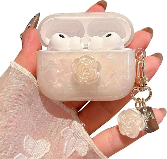 for AirPod Pro 3 Case 2025 Cute Glitter Shell Pearl TPU Protective Cover with Flower Keychain Compatible for AirPods Pro 3rd Generation Case for Women Girls (White Rose)