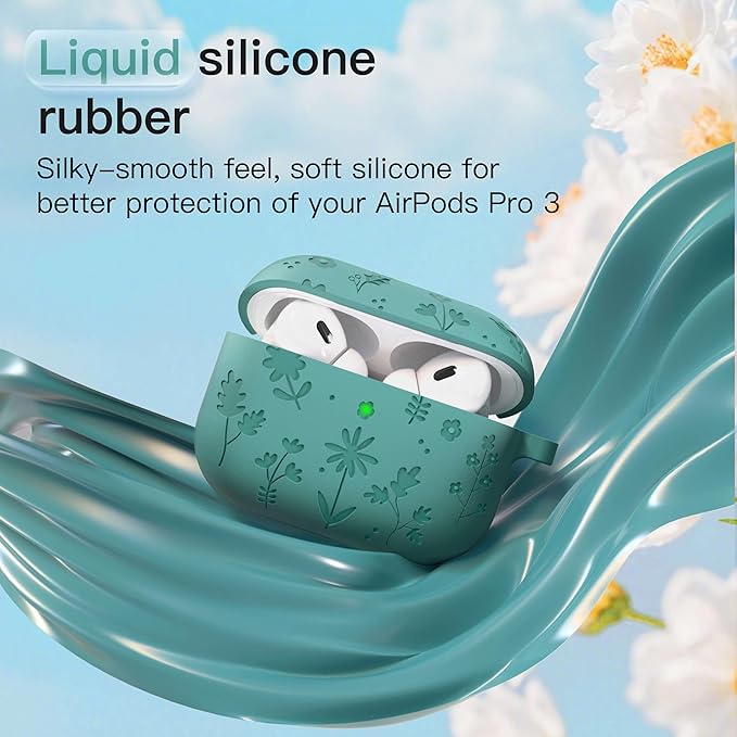for AirPods Pro 3 Case (2025) DamonLight Floral Engraved Shockproof Protective Soft Silicone Case Cover with Cleaning Pen and Floral Keychain for Apple Airpods Pro 3rd Generation (Forest Green)