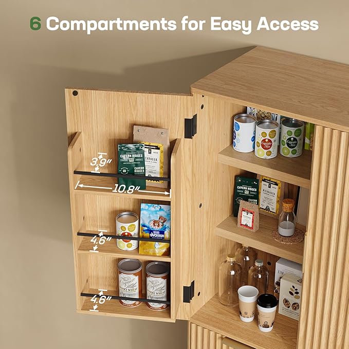 Marsail 72" Tall Kitchen Pantry Cabinet, Spacious Storage Cabinet with a Drawer, 4 Adjustable Shelves, 6 Door Shelves, Anti-Tip Safety, Fluted Cabinet for Kitchen, Dining, and Living Room, Natural