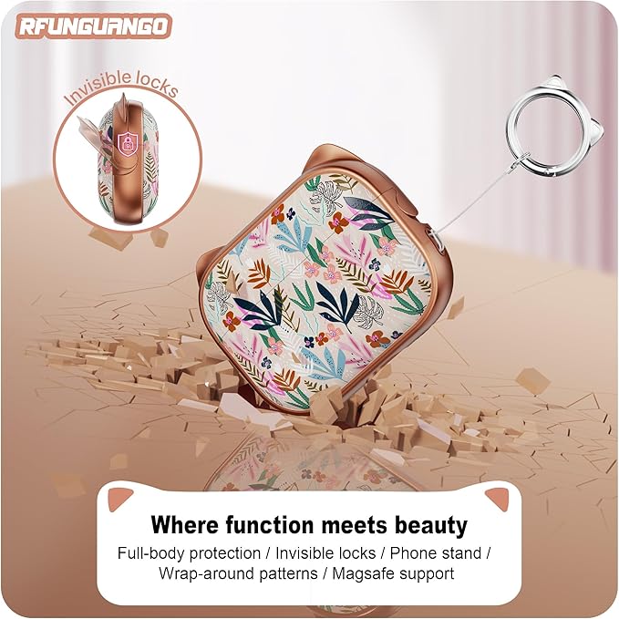 RFUNGUANGO AirPods Pro Case for Women Girly Cat Case with Lock, Phone Stand, Keychain & Cleaner Kit, Compatible with Apple Airpods Pro 2nd/1st Generation Case Cover, Rose Gold Leaf