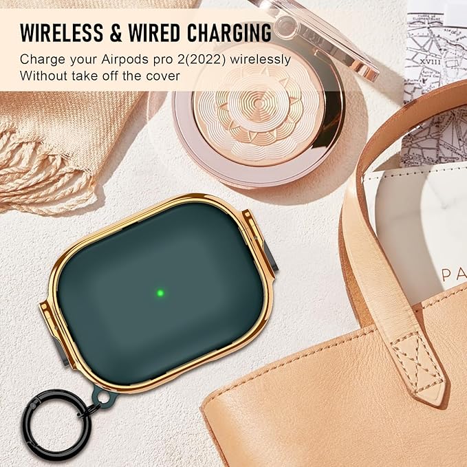 Maxjoy for Cute Airpods Pro 2 case with Safety Lock,Compatible Airpods Pro Case 2nd/1st Gen,Compatible Plating Solid Color AirPods Case Cover for Men Women Girly with Keychain-Green