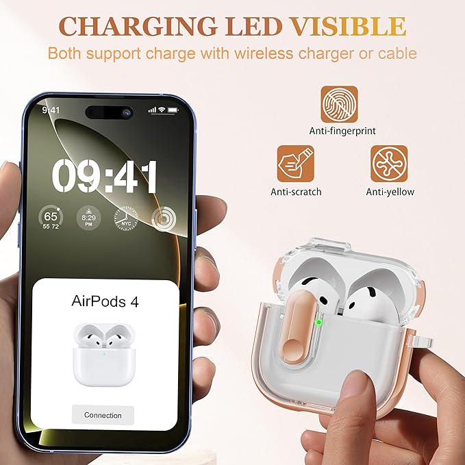for AirPods 4th Generation Case 2024 with Bright Plated Bezel and Switches, Military-Grade Shockproof Transparent Anti-Yellowing for AirPods 4 Cover, Rose Gold
