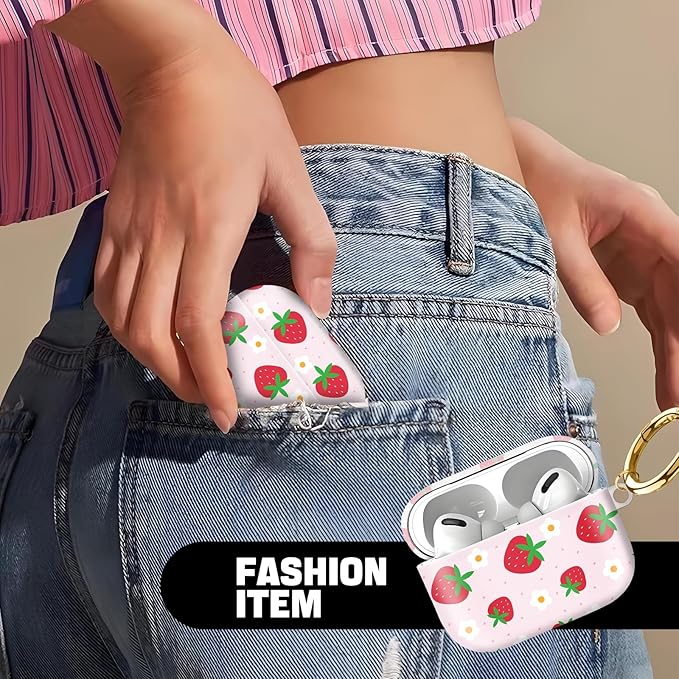 Compatible with AirPod Pro 2nd//1st Generation Case Cover with Key Chain,Full Protective Shockproof Wireless Headphone Case for Airpod Pro 2023/2022/2019（Beautiful Strawberries）