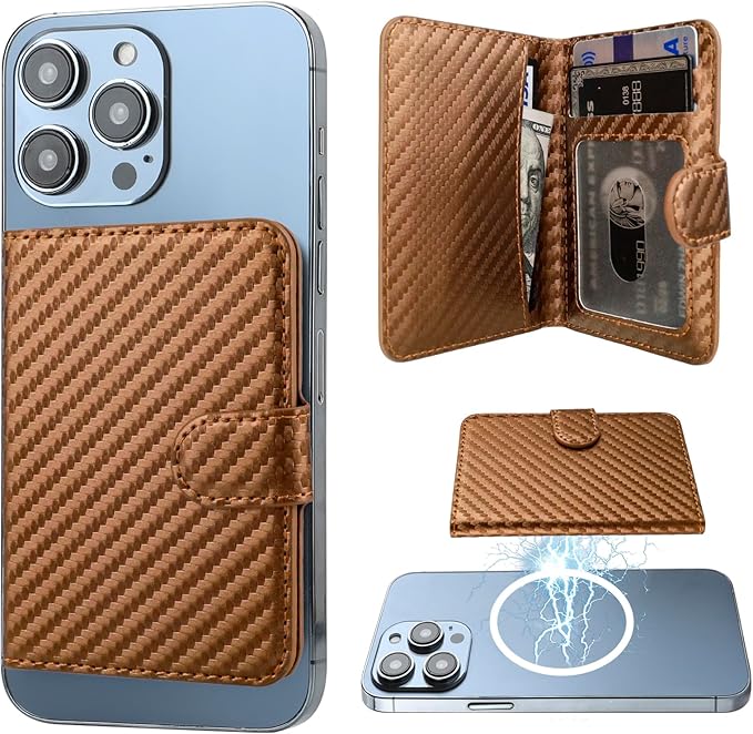Bocasal for MagSafe Wallet Magnetic Card Holder, RFID Blocking Leather Card Slots for iPhone 17/16/15/14/13/12 Pro/Max/Plus/Air, Adjustable Kickstand Flip Mag Safe Wallet (Carbon Filber Brown)