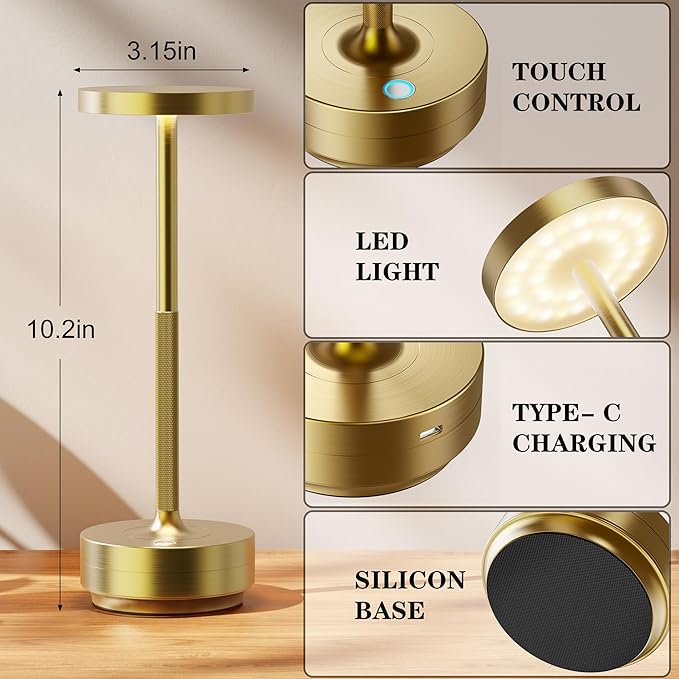 SAKRINGT Rechargeable Cordless Table Lamp - Battery Operated LED Portable Table Light with 3 Color Stepless Dimming, Memory Function - IP54 Waterproof for Outdoor, Restaurant, Patio, Camping
