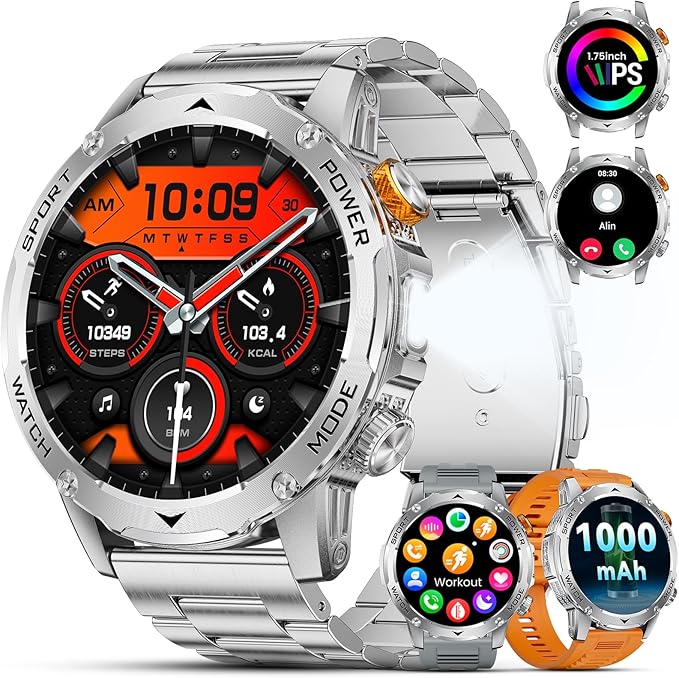 Military Smart Watches 1000 mAh Battery/Flashlight,1.75'' HD Display Smart Watch for Men with Call,IP68 Waterproof Fitness Watch with Heart Rate,Sleep Monitor,100+ Sport Modes,for iOS Android,3 Bands